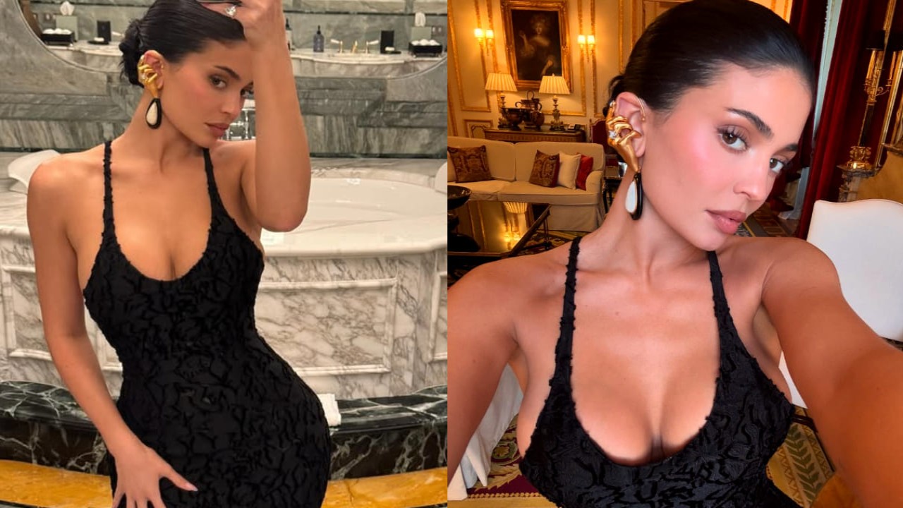 Kylie Jenner pairs golden claw-hand earring with plunging neckline maxi dress and it’s HOT plus quirky. PC: Kylie Jenner IG Kylie Jenner