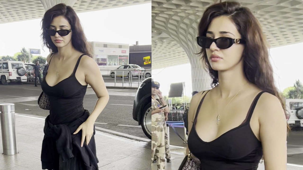 Disha Patani styles slip top and Rs 10,000 jogger pants with sunglasses worth Rs 43,000 at airport. PC: Varinder Disha Patani