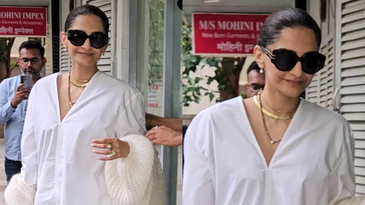 Sonam Kapoor wears mangalsutra with white cotton outfit and Dior bag worth Rs 3,60,000 on anniversary date with Anand Ahuja. PC: APH Images Sonam Kapoor