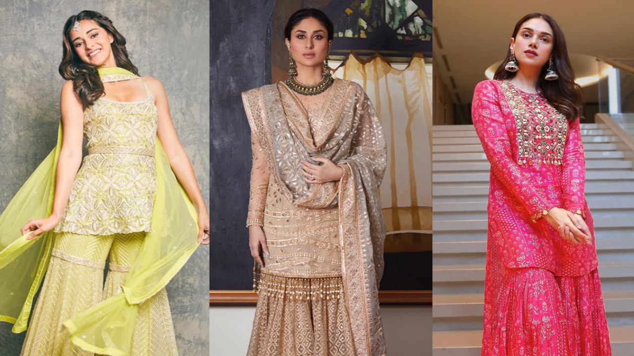 5 celeb-inspired short kurti and gharara looks for wedding season. PC: Tiana Kamte, Sukriti Grover IG, Black Box Creatives, Sara Ali khan IG, Ritika Mirchandani IG Ananya Panday, Kareena Kapoor Khan, and Aditi Rao Hydari