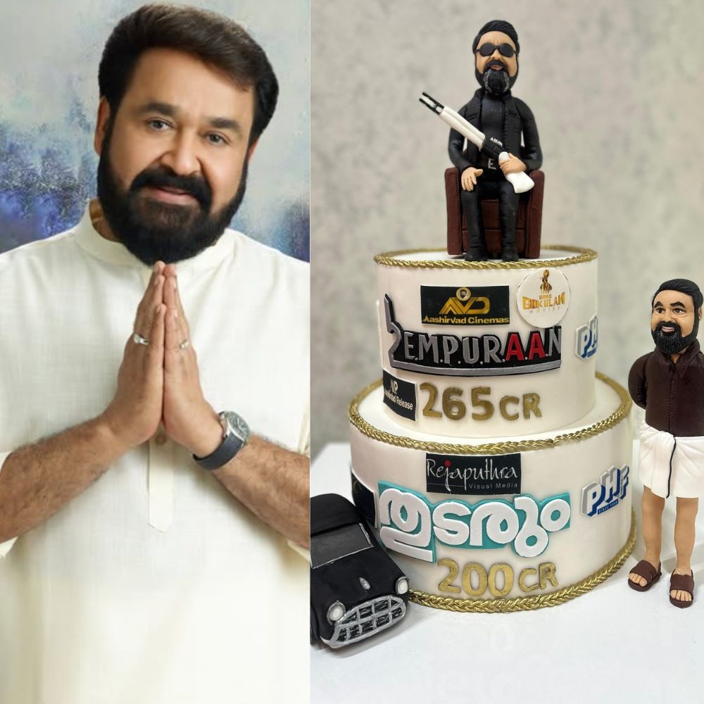 Mohanlal celebrates twin blockbuster successes at box office; don’t miss his custom cake with ‘Stephen’ and ‘Benz’ caricatures