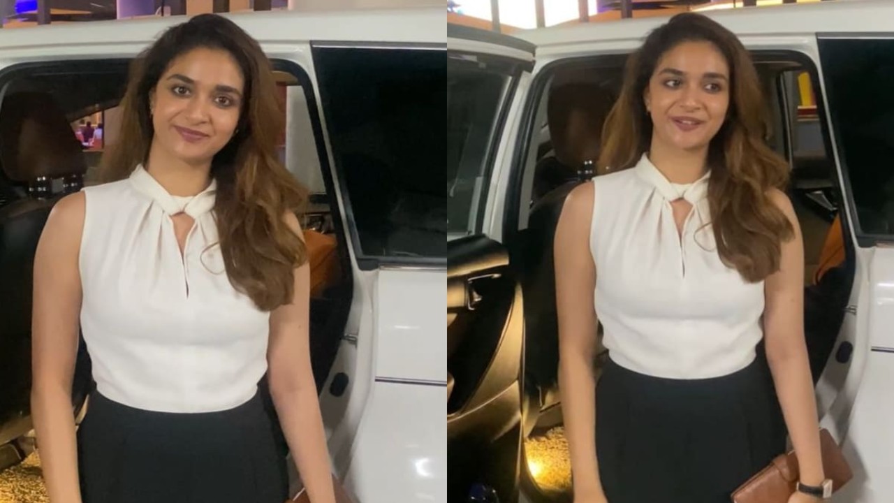 Keerthy Suresh wears white top and black pants to airport, it's perfect Friday office wear to date night look (PC: Varinder) Keerthy Suresh