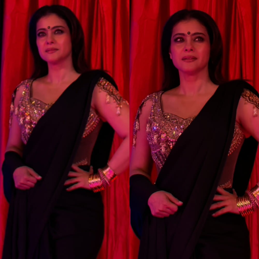 Kajol shows how to style plain black saree with embellished golden blouse and bold eye makeup