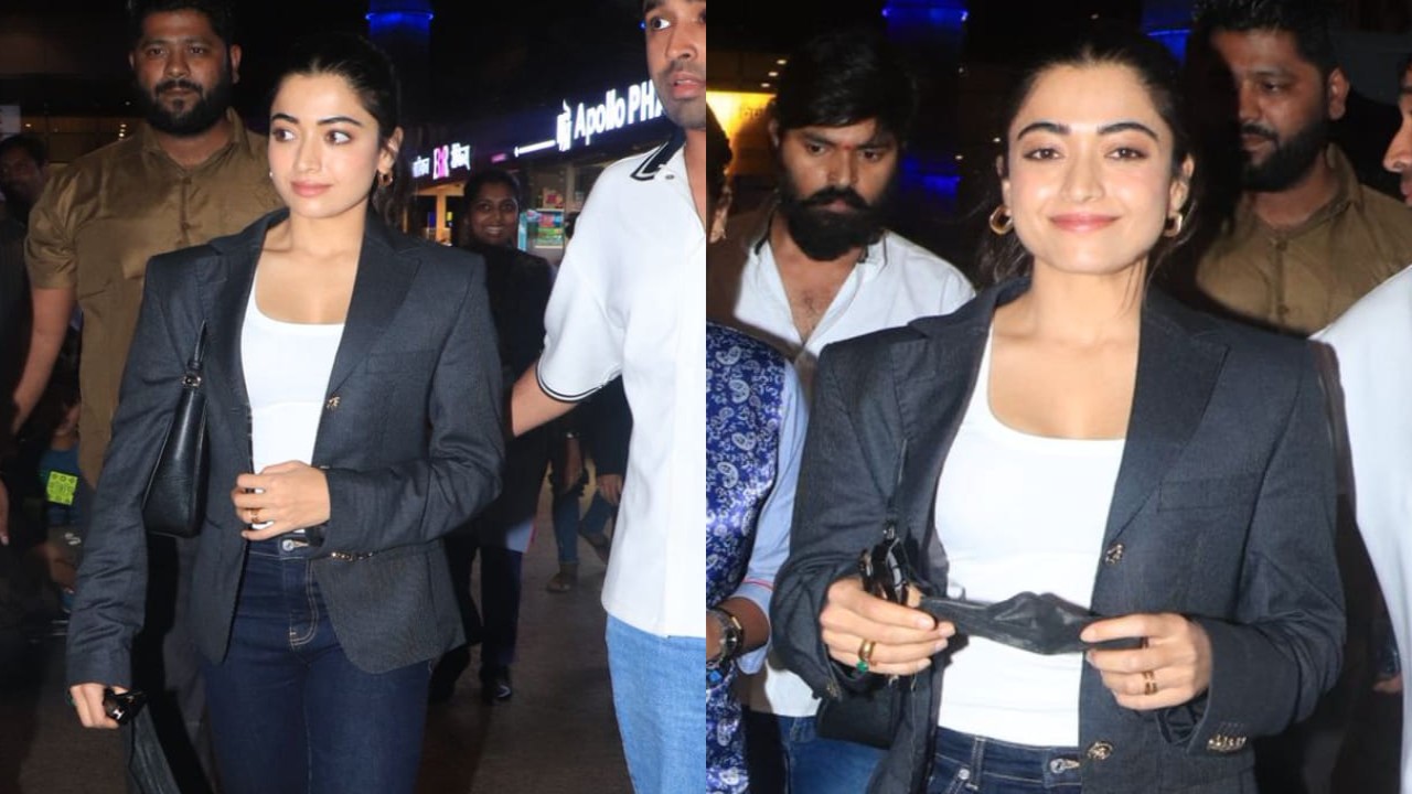 Travel look: Rashmika Mandanna keeps her airport outfit formal with black blazer styled with blue jeans (PC: Viral Bhayani) Rashmika Mandanna