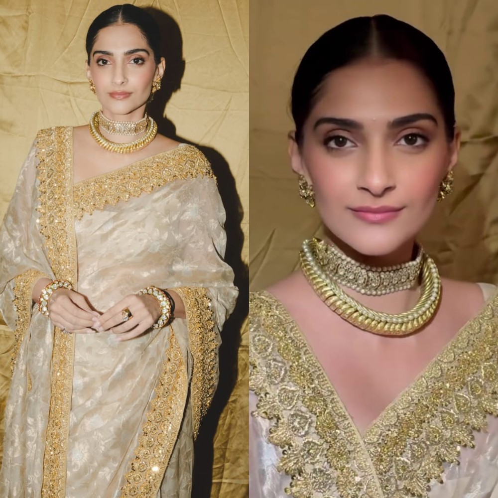 Sonam Kapoor owns royal throne in Abu Jani Sandeep Khosla golden tissue saree