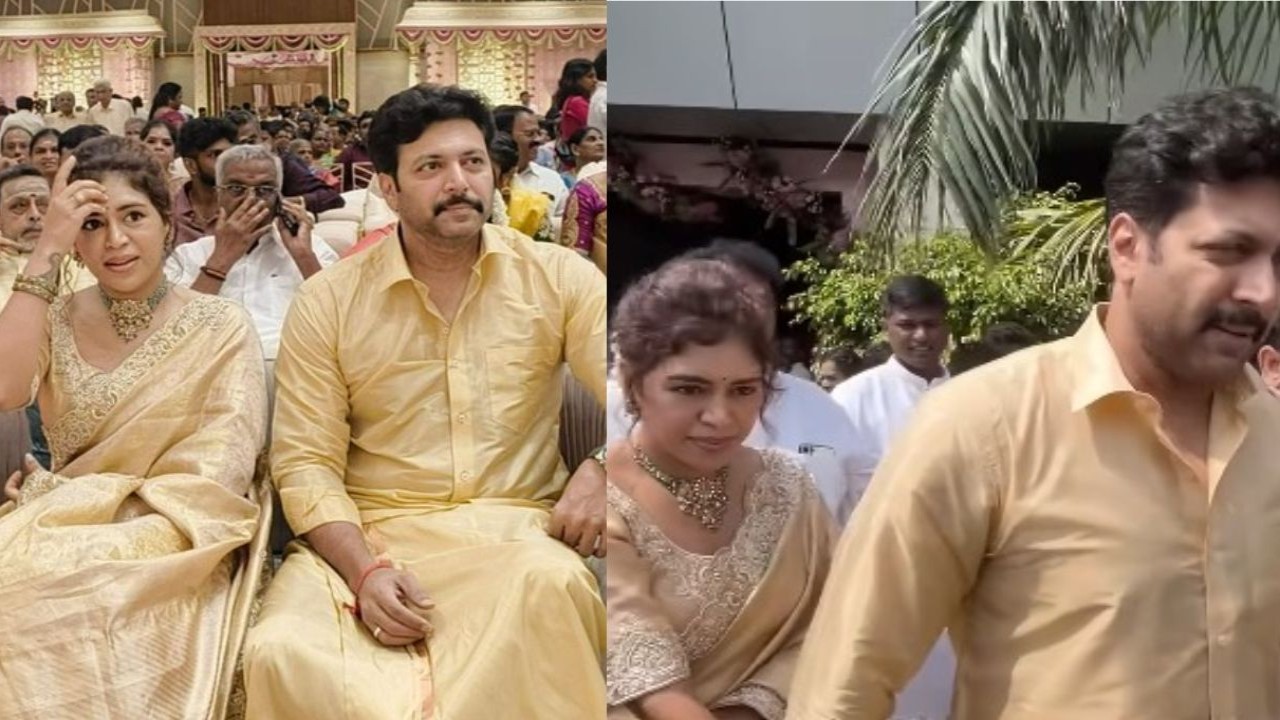 WATCH: Ravi Mohan holds hand of ladylove Kenishaa Francis as he protects her from crowd (PC: Ramesh Bala, Brio Digital on X) WATCH: Ravi Mohan holds hand of ladylove Kenishaa Francis as he protects her from crowd