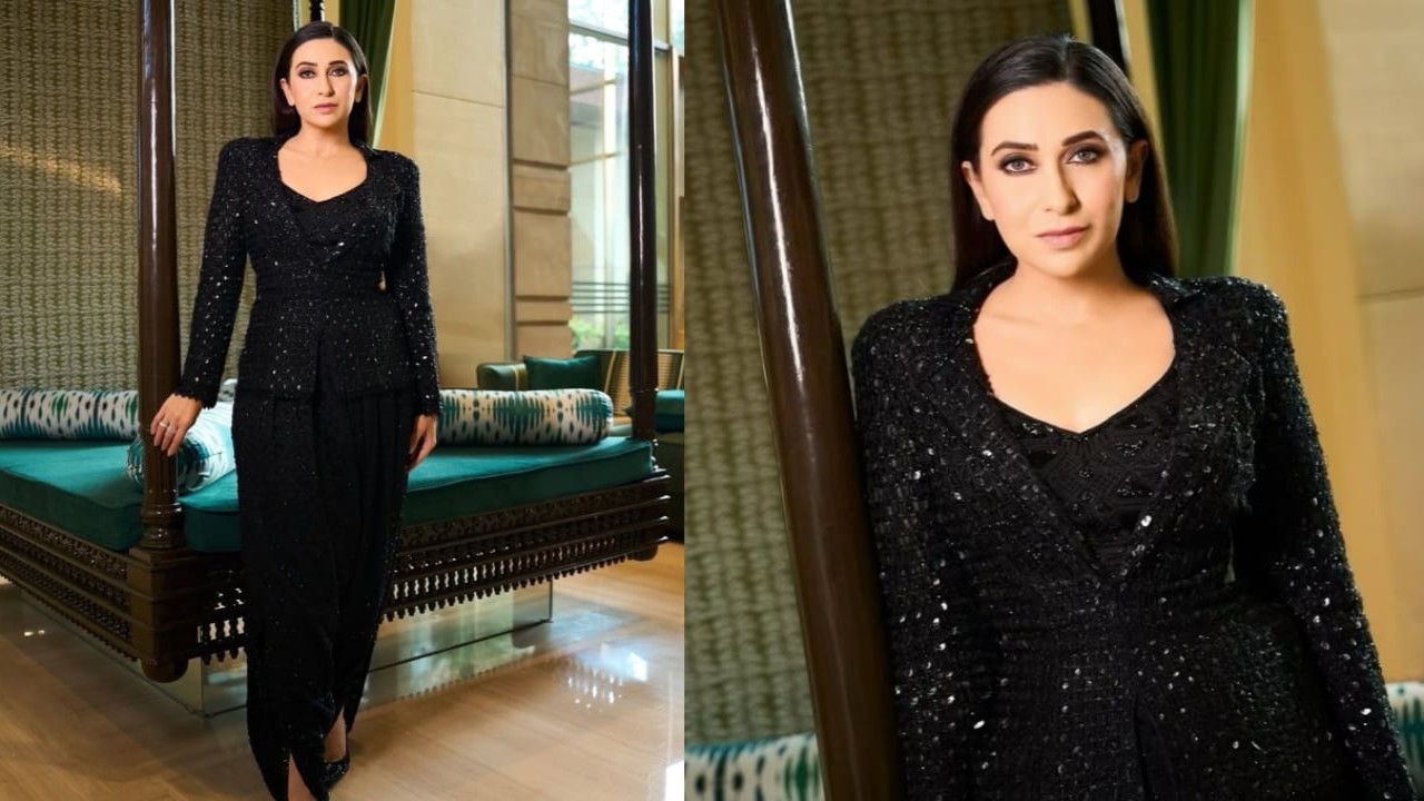 PC: Urvish Patel Karisma Kapoor proves black is timeless in blazer and dhoti pants set by Ritika Mirchandani