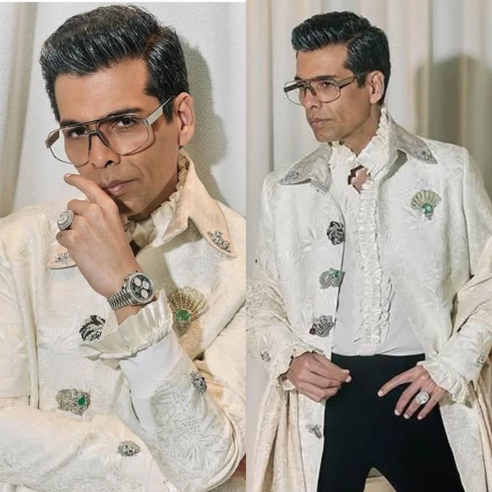 Cannes Film Festival 2025: Karan Johar wears dramatic Manish Malhotra bandhgala outfit accessorized with brooches and collar pins