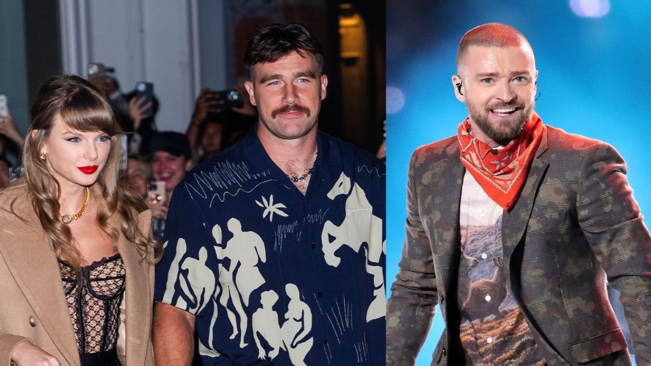 Travis Kelce with Taylor Swift and Justin Timberlake (via Getty Images) (Image Courtesy: Getty Images)