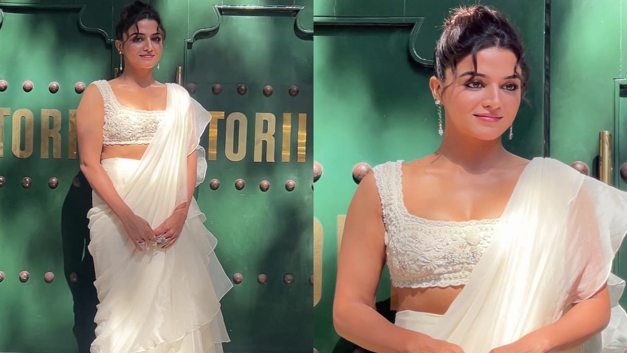 Wamiqa Gabbi looks ethereal and exudes goddess energy in white saree featuring dreamy frill detailing. PC: Bablu Wamiqa Gabbi