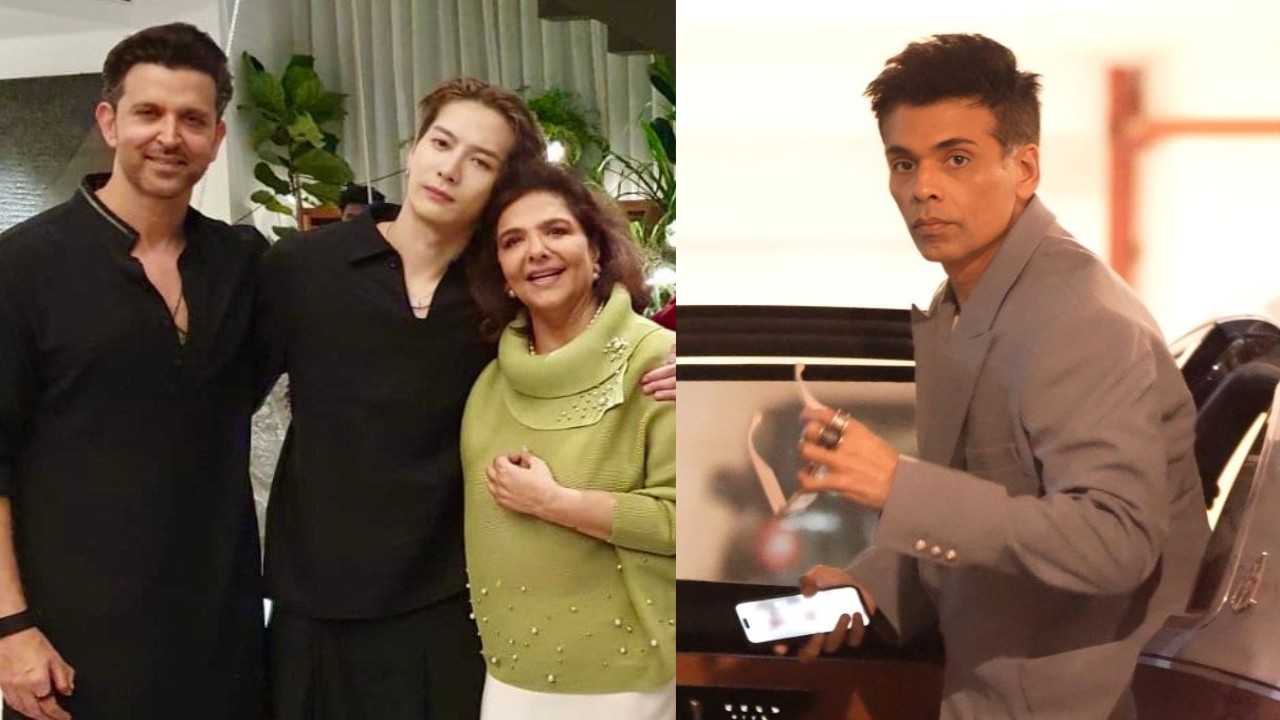 (from left) Hrithik Roshan, Jackson Wang, Pinkie Roshan, Karan Johar: courtesy of Rakesh Roshan's Instagram, Pinkvilla exclusive (from left) Hrithik Roshan, Jackson Wang, Pinkie Roshan, Karan Johar: courtesy of Rakesh Roshan's Instagram, Pinkvilla exclusive