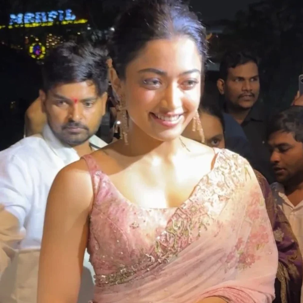 Rashmika Mandanna makes a desi move in Rs 1,60,000 Anita Dongre blush embroidered saree for Kuberaa promotions