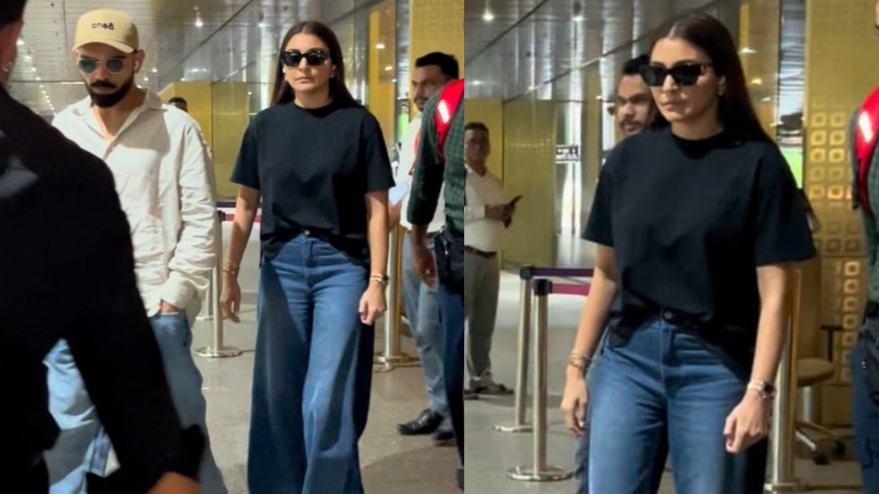 Picture credit: Viral Bhayani Instagram Airport OOTD: Anushka Sharma flaunts her obsession with panel oversized denim jeans as she gets clicked with Virat Kohli