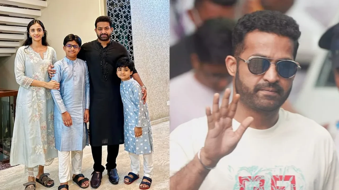Jr NTR twins in white with sons Abhay and Bhargav as he gets spotted at Mumbai airport with wife Lakshmi (PC: Jr NTR IG, Viral Bhayani) Jr NTR twins in white with sons Abhay and Bhargav as he gets spotted at Mumbai airport with wife Lakshmi