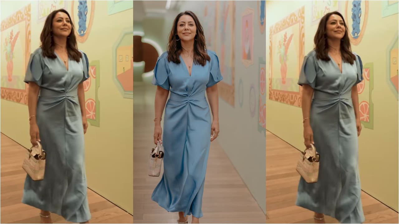 Gauri Khan’s Rs 97,998 V-neck blue midi-dress serves as the ultimate dinner date night inspo