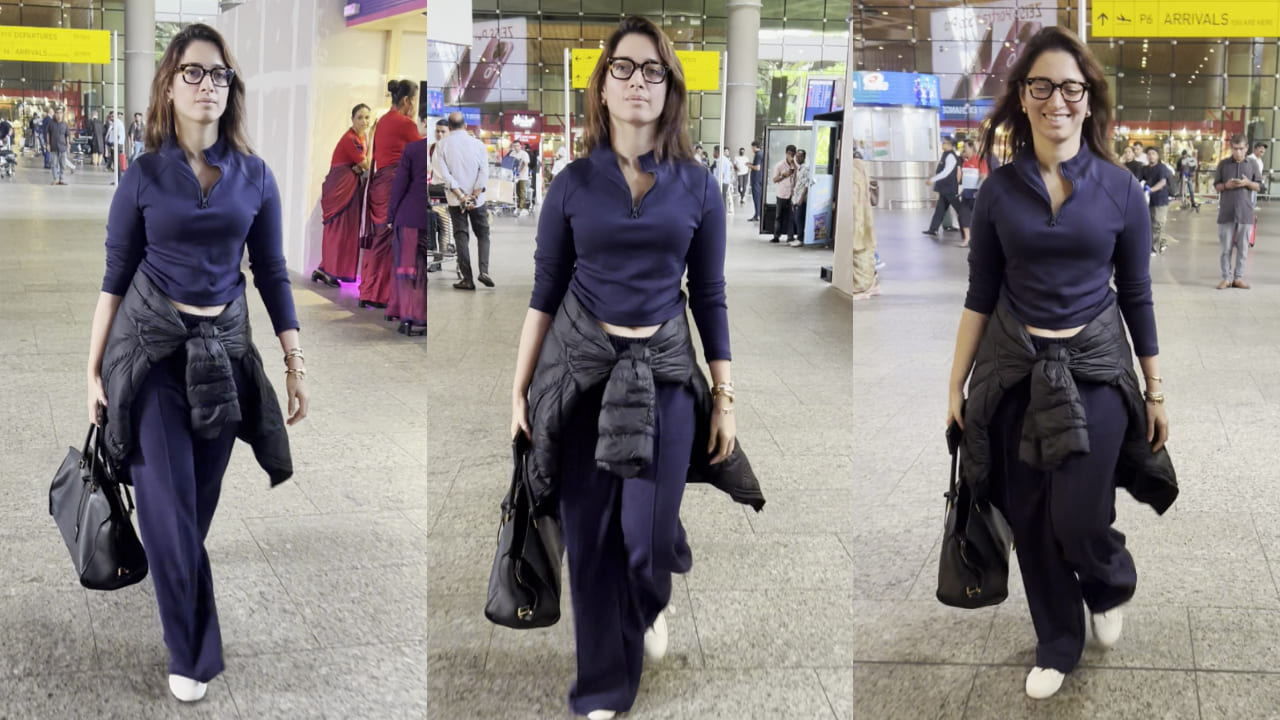Tamannaah Bhatia normalizes lazy and no-makeup airport look, wears nerdy glasses. PC: APH Images