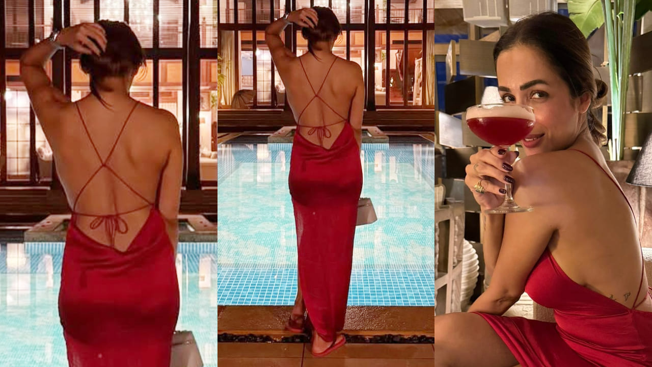 Malaika Arora makes 50s look fabulous in Rs 14,000 backless red slip dress on her Goa Getaway. PC: Malaika Arora IG