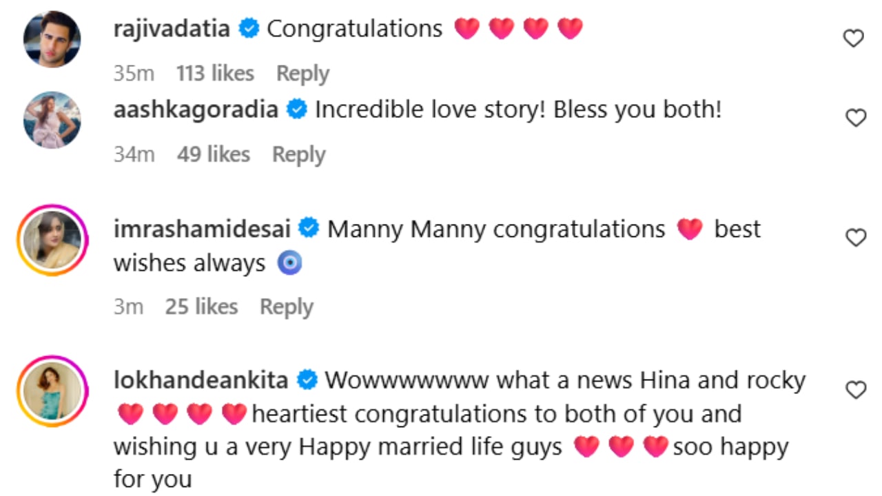 Celebrities wish newly married couple Hina Khan and Rocky Jaiswal