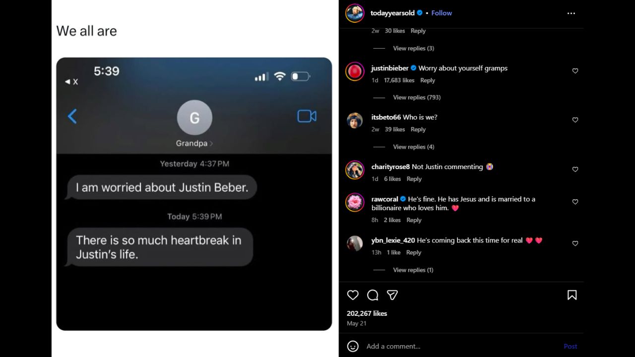 Justin Bieber replies to fan's post (via Instagram)