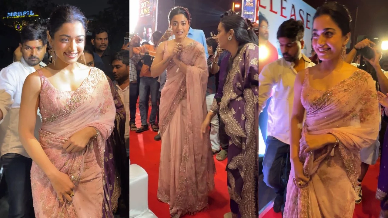 Rashmika Mandanna makes a desi move in Rs 1,60,000 Anita Dongre blush embroidered saree for Kuberaa promotions