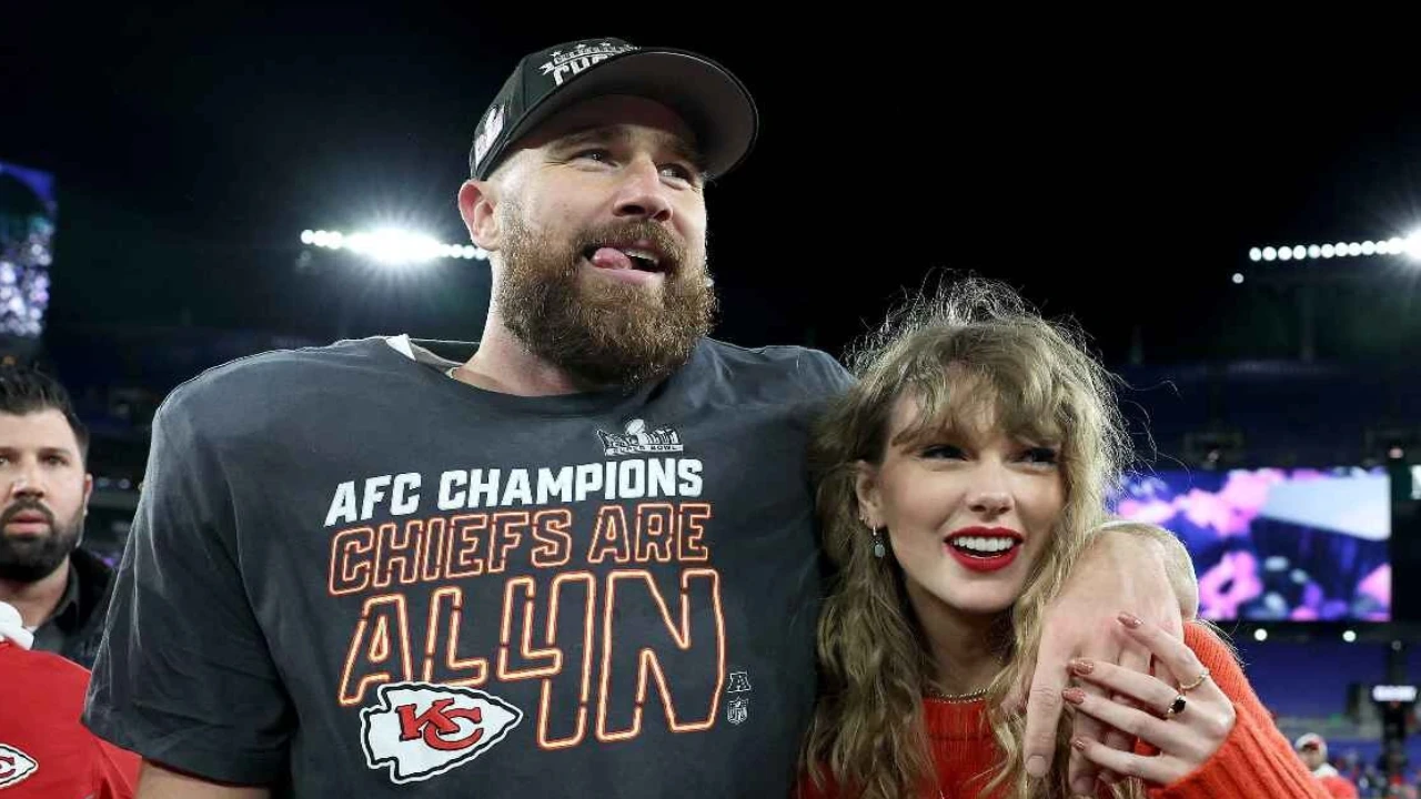 Travis Kelce and Taylor Swift via Getty Images Getty Images