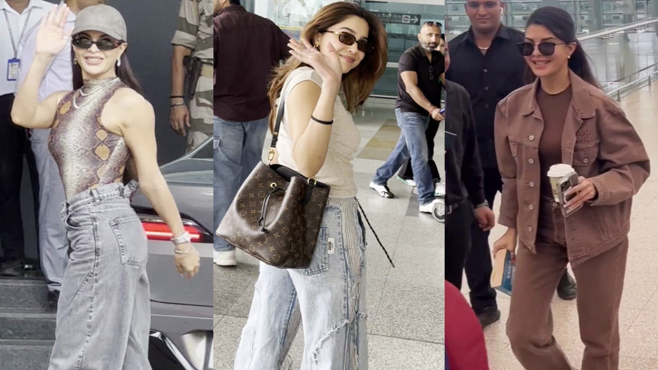 Sharvari carries Rs 2,12,000 LV bag to the airport while Jacqueline serves two major airport fashion looks. PC: Bablu, APH Images, Varinder Jacqueline Fernandez and Sharvari