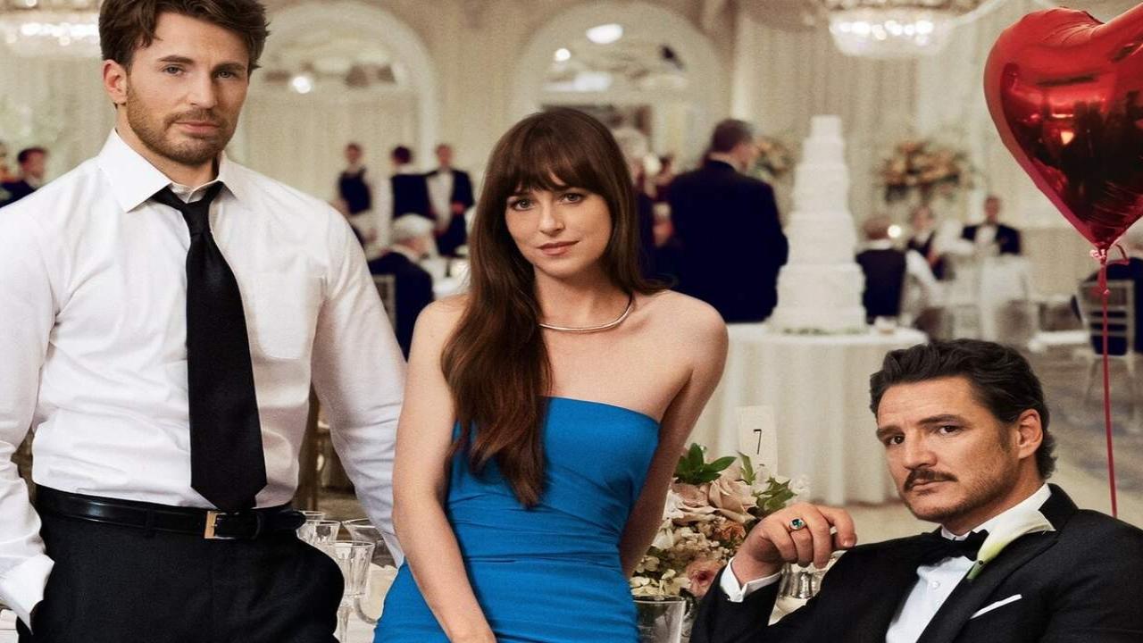 Materialists is a sweet rom-com that is not afraid going to dark places (Credit: A24) Chris Evans, Dakota Johnson, Pedro Pascal