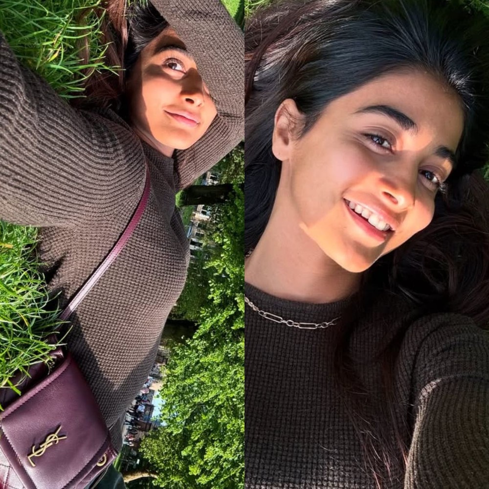 Pooja Hegde sunbathes with Rs 1,30,400 YSL bag and serves travel fashion goals in knitwear sweater 