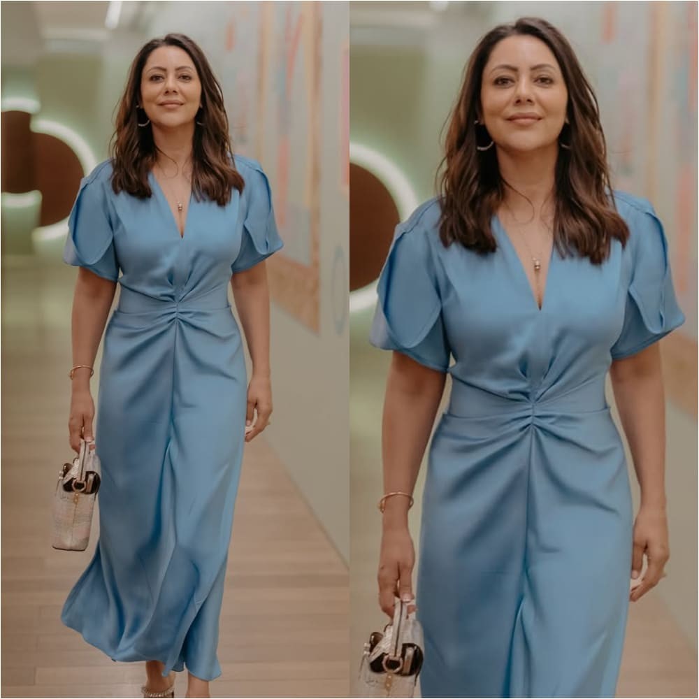 Gauri Khan’s Rs 97,998 V-neck blue midi-dress serves as the ultimate dinner date night inspo