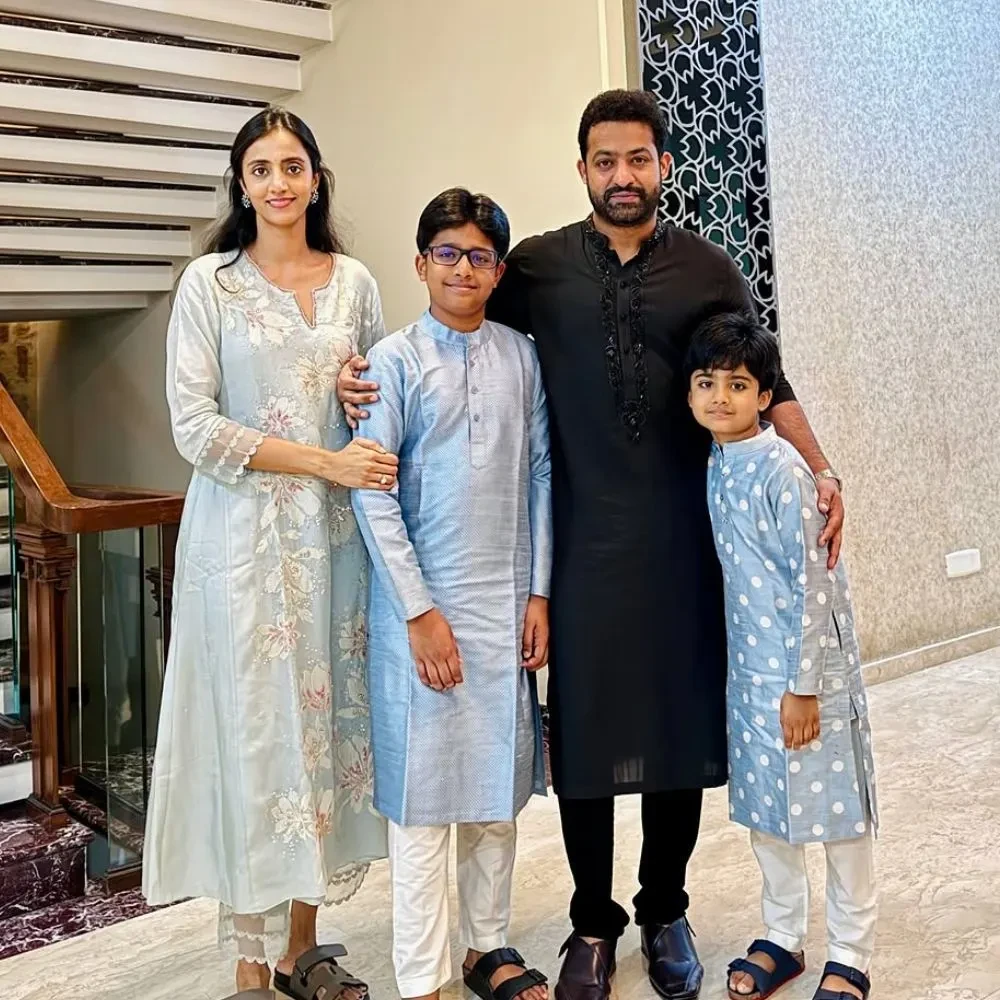 Jr NTR twins in white with sons Abhay and Bhargav as he gets spotted at Mumbai airport with wife Lakshmi