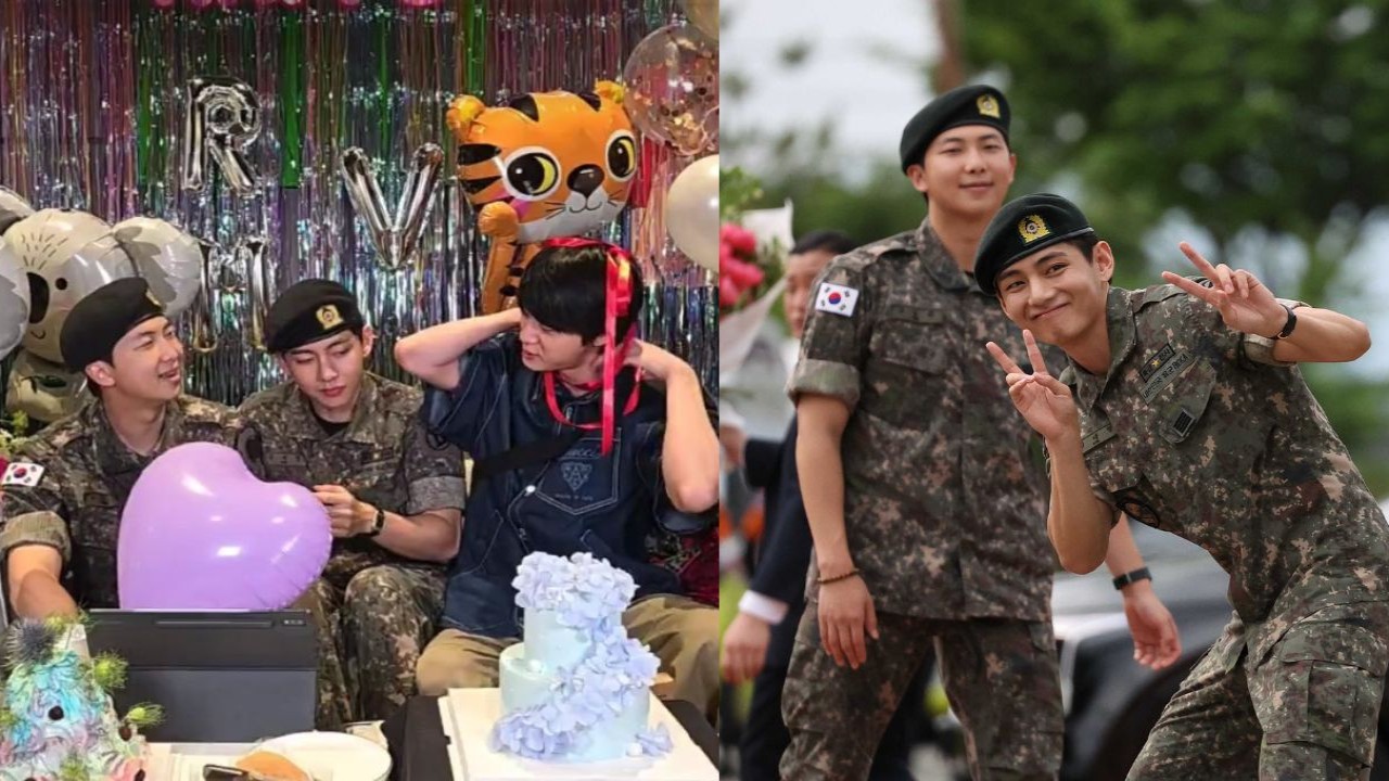 Jin with BTS members: courtesy of BTS' Weverse; RM, V: courtesy of Getty Images Jin with BTS members: courtesy of BTS' Weverse; RM, V: courtesy of Getty Images