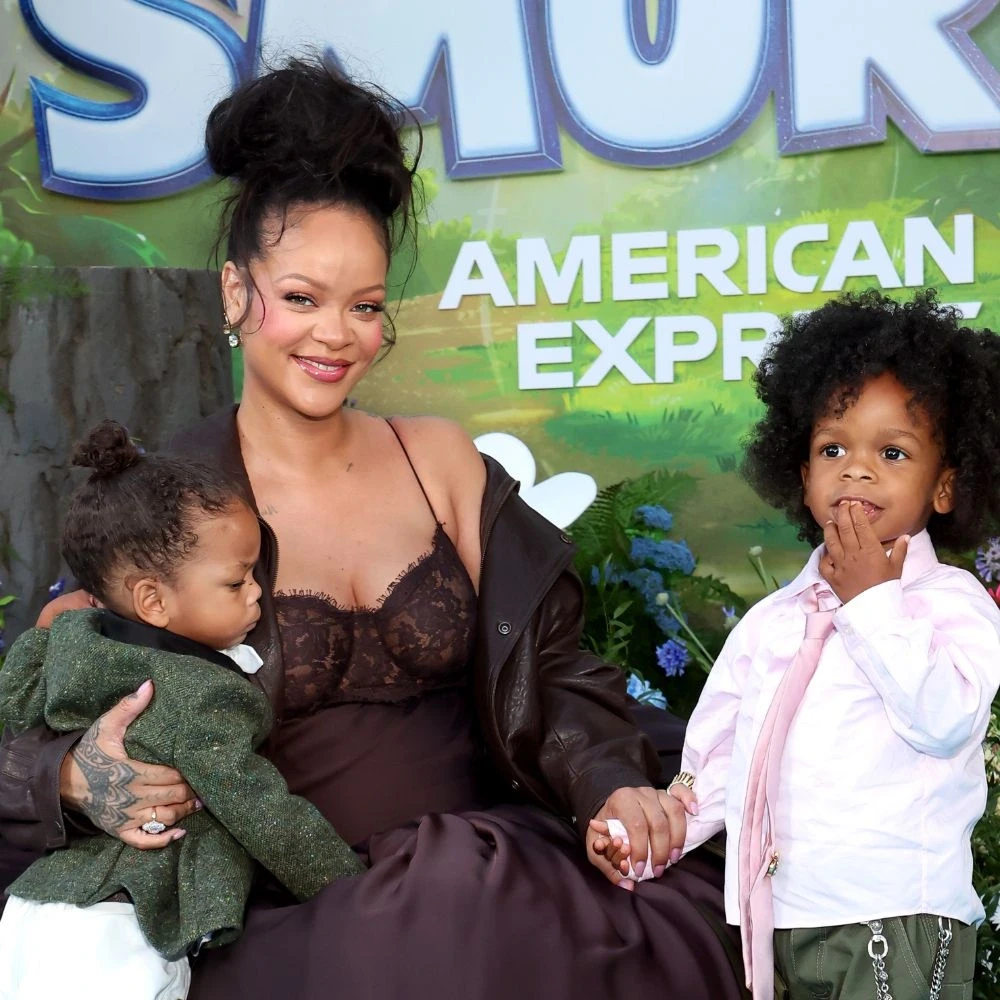 Pregnant Rihanna Slays in Brown Gown as She Makes First Red Carpet Appearance with Sons at Smurfs LA Premiere