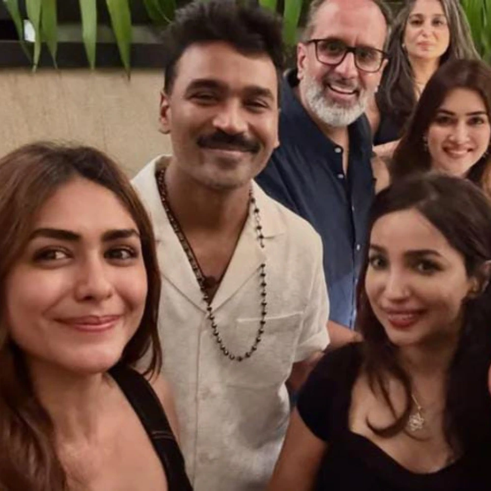 PIC: Dhanush parties with Mrunal Thakur and Kriti Sanon after Tere Ishk Mein shoot wrap