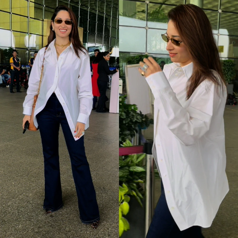 Tamannaah Bhatia wears white cotton shirt worth Rs 47,200 with flared jeans at Mumbai airport, shows how to style with chunky jewelry 