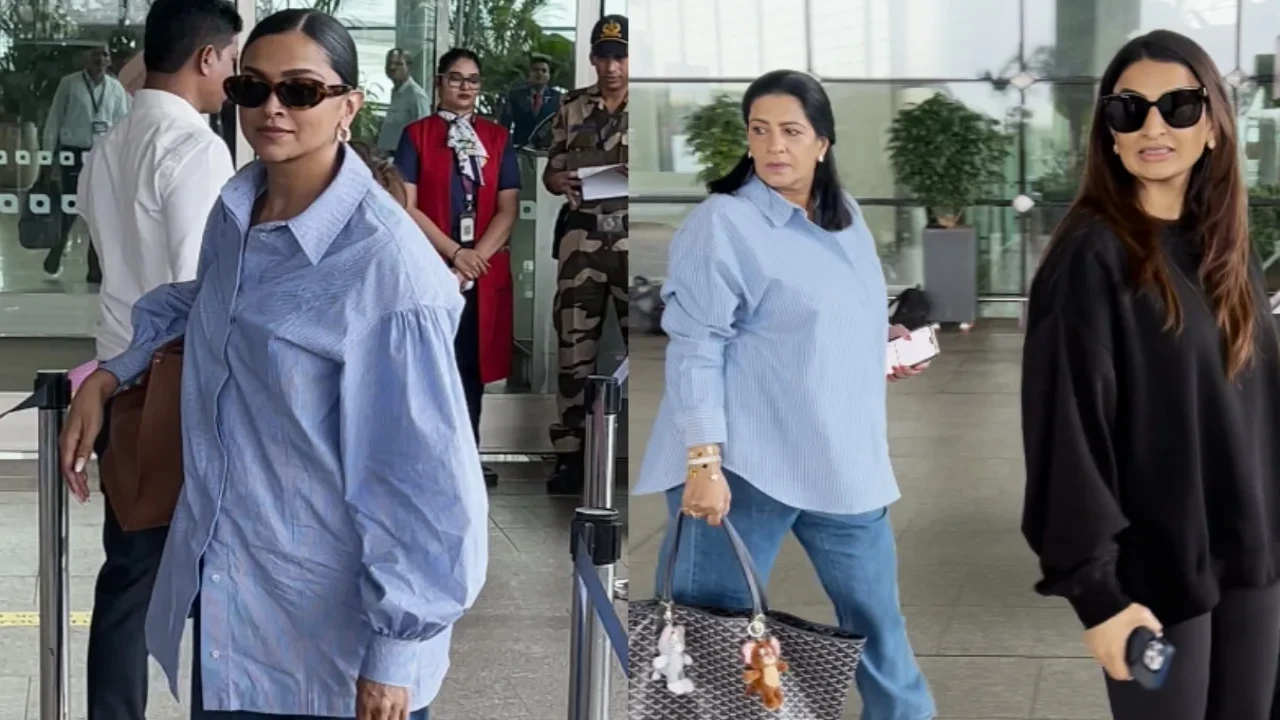 Deepika Padukone spotted at the Mumbai airport. Picture courtesy: Varinder Chawla Deepika Padukone is cool momma, flaunting her airport look in oversized shirt as she arrives with MIL Anju Bhavnani