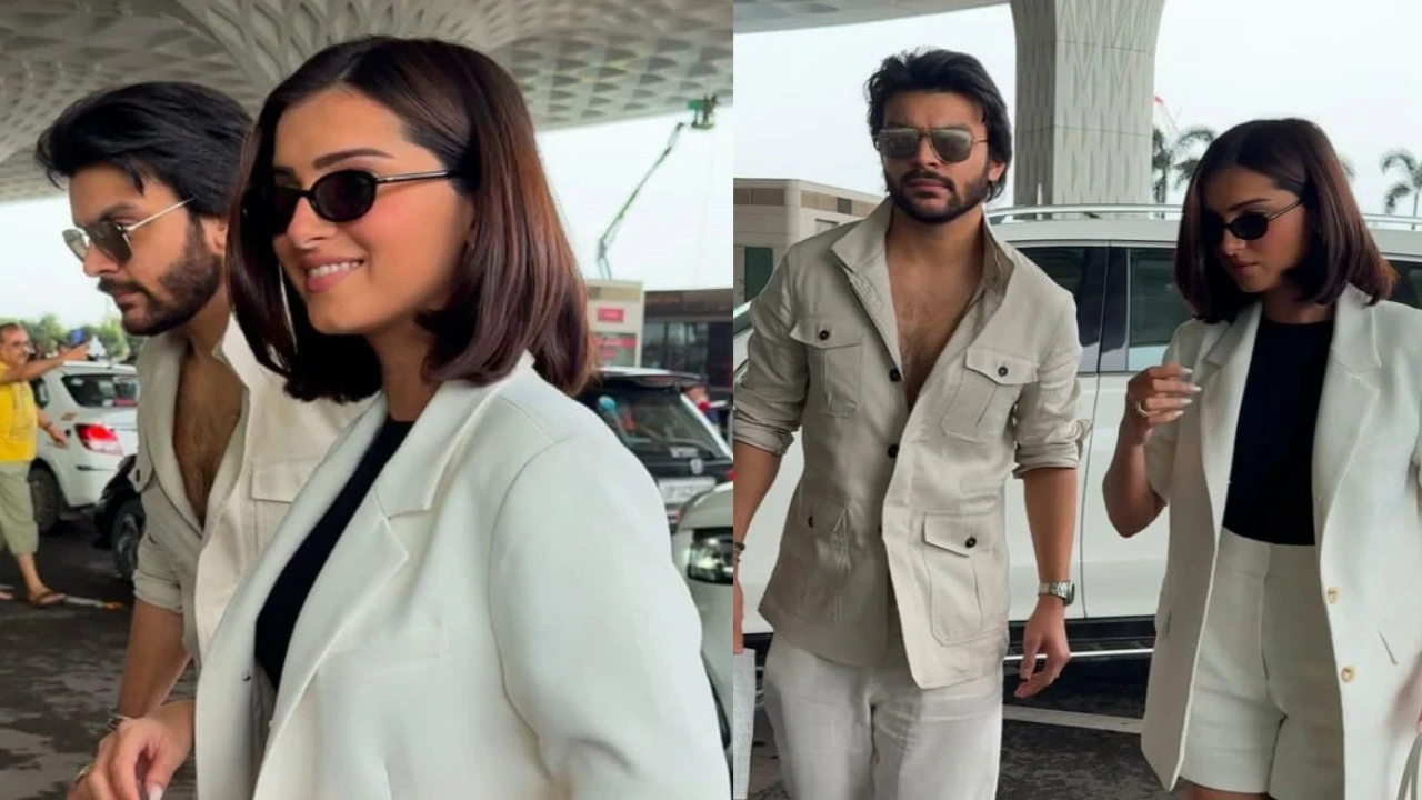 Rumored lovers Tara Sutaria and Veer Pahariya arrive in style at Mumbai airport, twin in white. Picture courtesy: Viral Bhayani Rumored lovers Tara Sutaria and Veer Pahariya arrive in style at Mumbai airport, twin in white