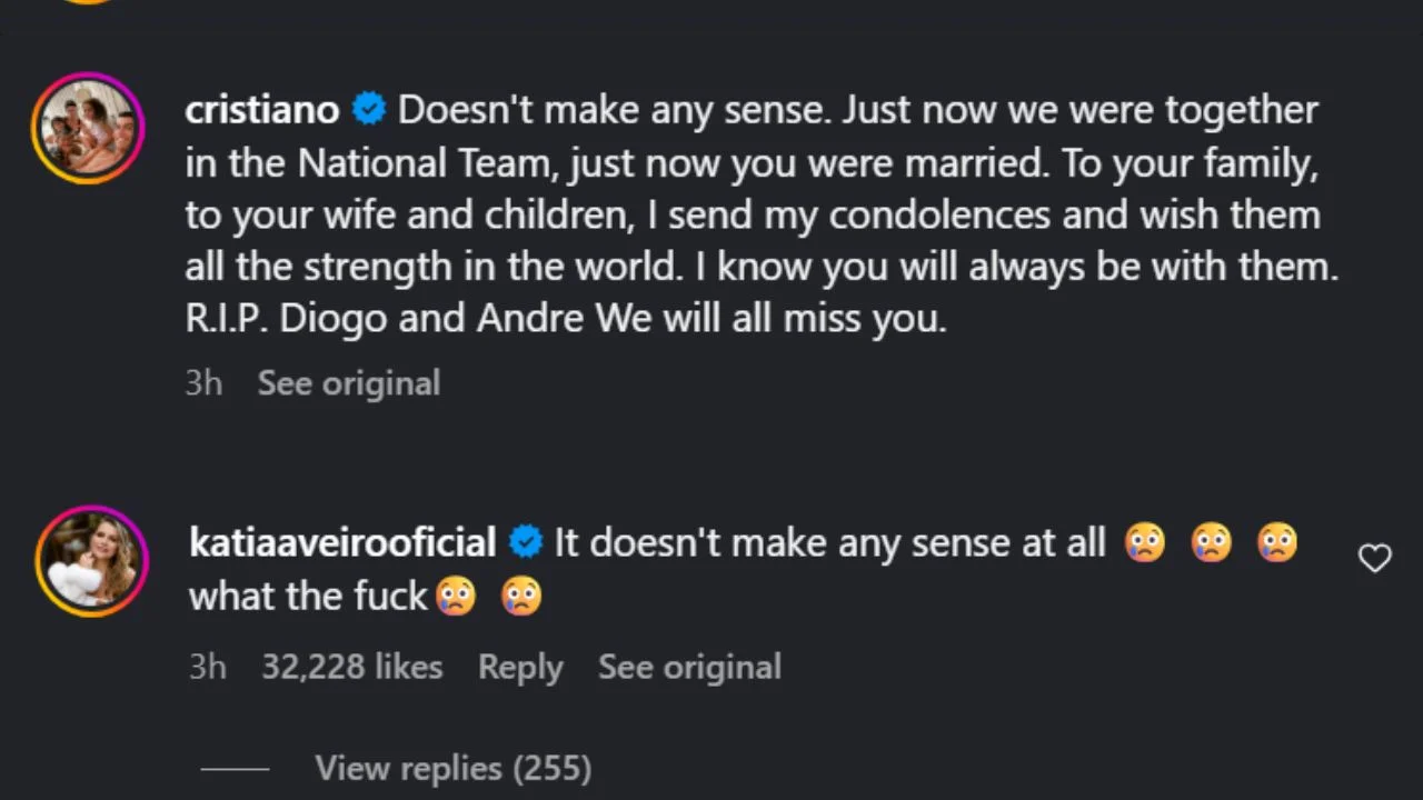 Cristiano Ronaldo's Diogo Jota tribute post & Katia Aveiro's comment (via Instagram)