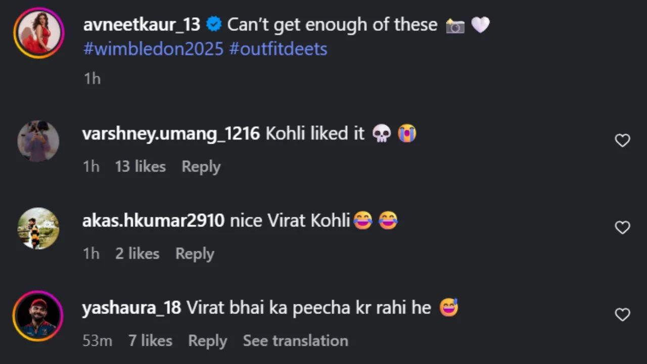 Comments on Avneet Kaur's Wimbledon post (via Instagram)