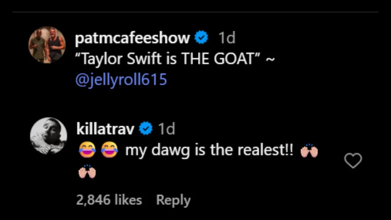 The Pat McAfee Show reel's caption & Travis Kelce's comment (via Instagram)