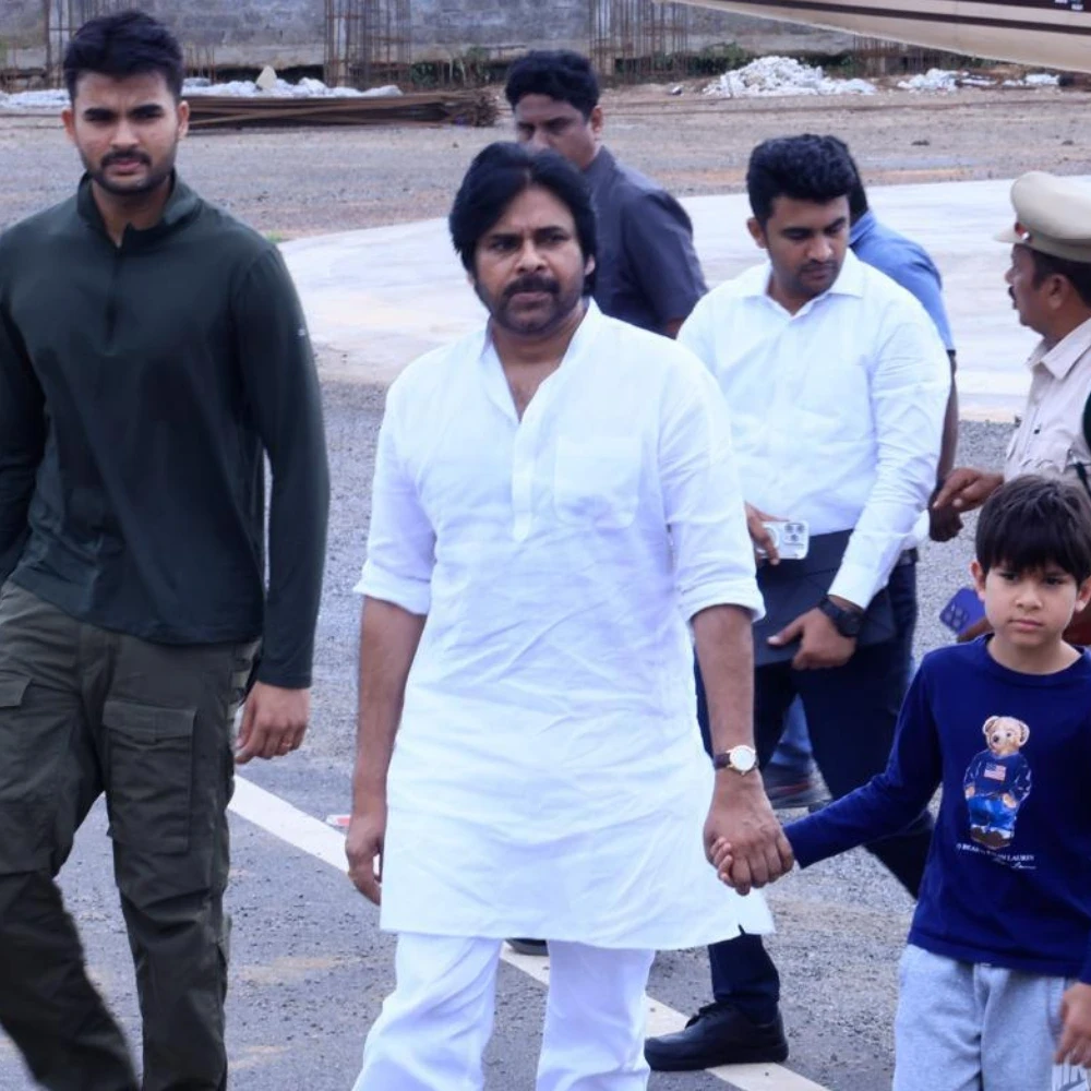 PIC: Pawan Kalyan’s sons Akira Nandan and Mark Shankar make rare appearance together with their father to work