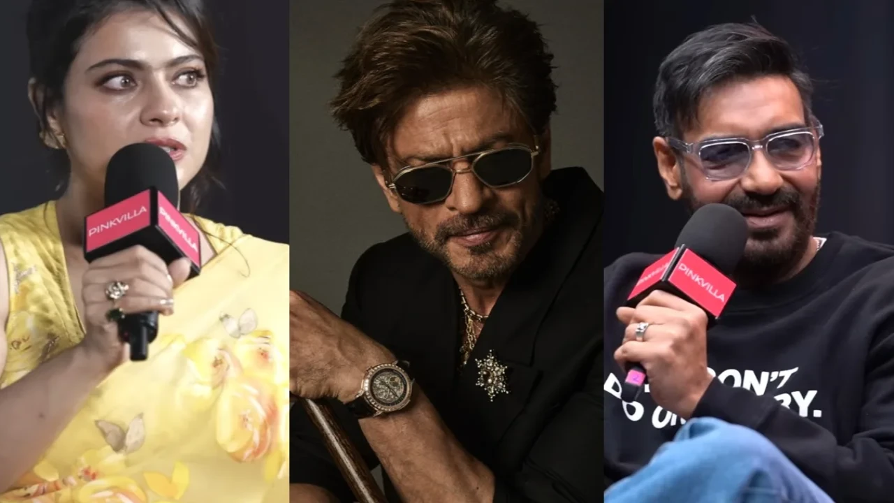 Kajol, in a recent interview, revealed that there's no awkwardness between Ajay Devgn and Shah Rukh Khan (Credit: Pinkvilla, SRK Instagram) Kajol, Shah Rukh Khan, Ajay Devgn