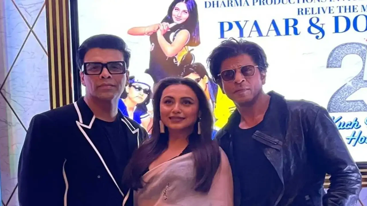 Karan Johar congratulates Rani Mukerji and Shah Rukh Khan on winning their first National Award (Credit: Dharma Movies) Karan Johar, Rani Mukerji, Shah Rukh Khan