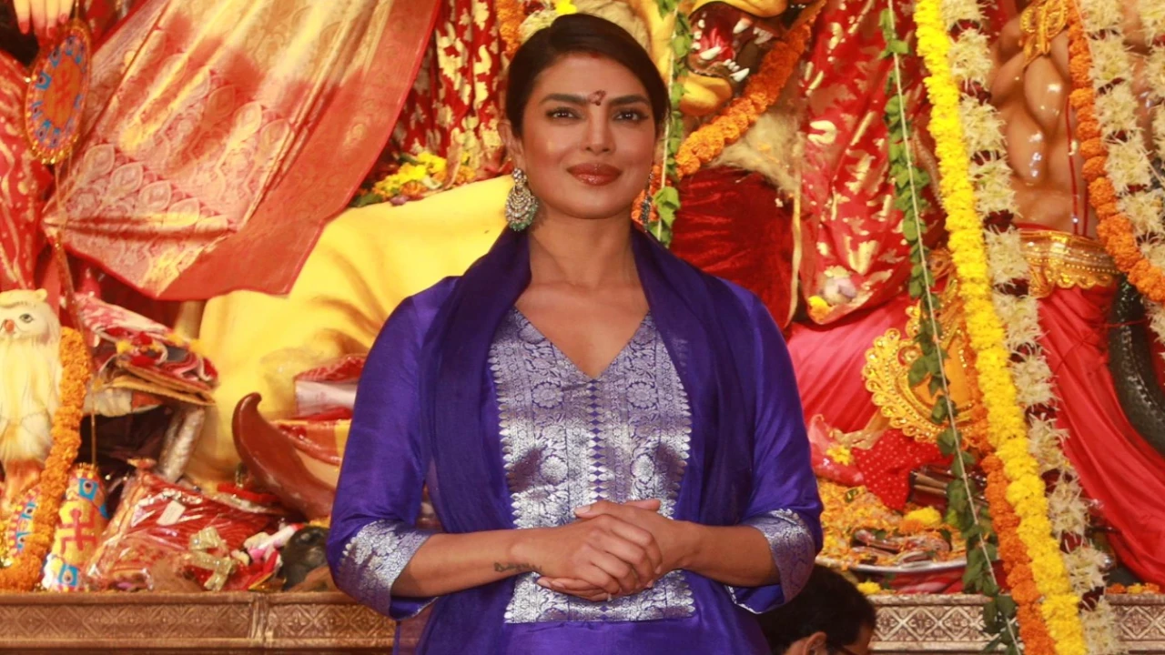 Priyanka Chopra Jonas picks an elegant blue outfit to seek blessings at Kajol and Rani Mukerji's Durga Puja