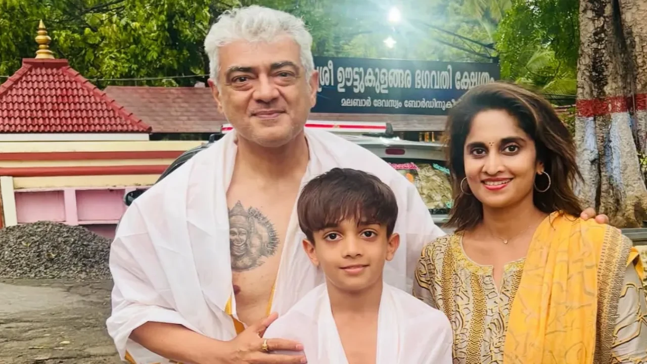 Ajith Kumar flaunts his spiritual tattoo for 1st time in temple visit with wife Shalini and son Aadvik (PC: Shalini, IG) Ajith Kumar flaunts his spiritual tattoo for 1st time in temple visit with wife Shalini and son Aadvik