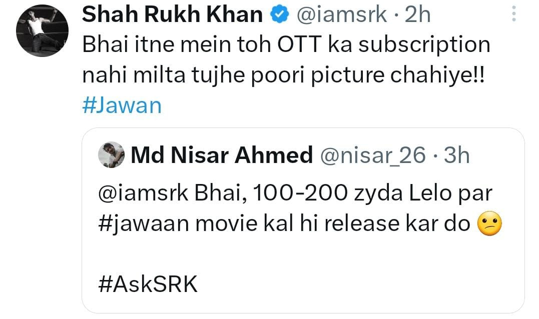 SRK gives a hilarious response exhibit 4 (Credit: Shah Rukh Khan Twitter)