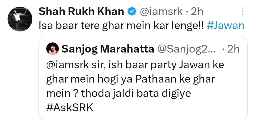 SRK gives a hilarious response exhibit 2 (Credit: Shah Rukh Khan Twitter)