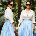 Sonam Kapoor’s timeless white shirt and pleated light blue skirt with train combination is straight out of Bridgerton
