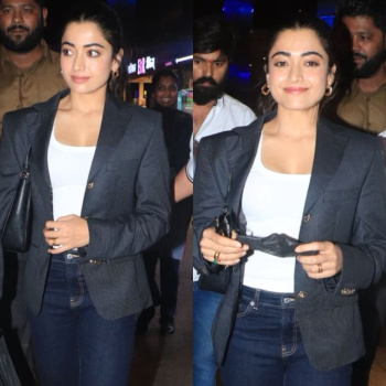 Travel look: Rashmika Mandanna keeps her airport outfit formal with black blazer styled with blue jeans