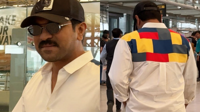 PHOTOS: Ram Charan opts for bright colors as he jets off from Hyderabad to shoot Game Changer's next leg in Chennai