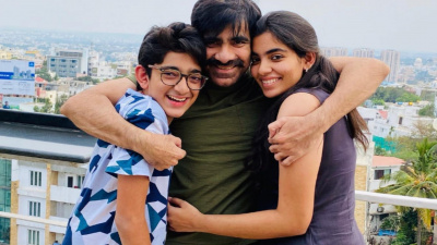 Tiger Nageswara Rao: Ravi Teja’s son and daughter cheer on their father as they watch the film with friends
